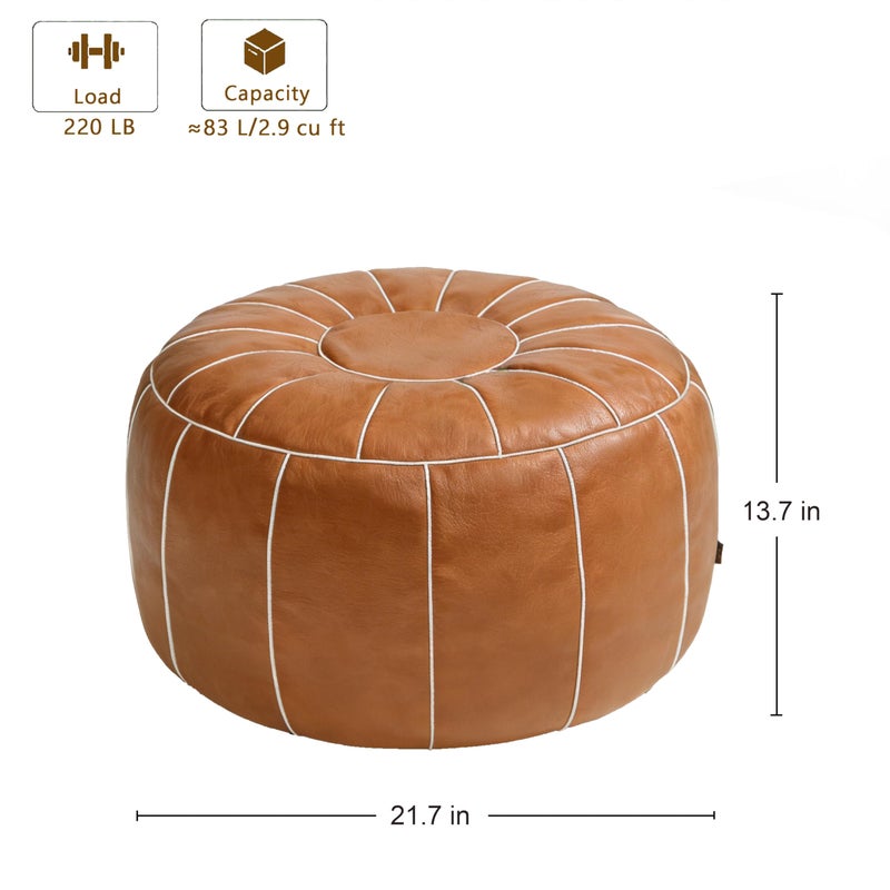 Thgonwid Unstuffed Moroccan Storage Pouf Foot Stool Ottoman Seat Handmade Faux Leather Bean Bag Floor Chair Foot Rest for Living Room, Bedroom or Balcony (Brown) - Image 3